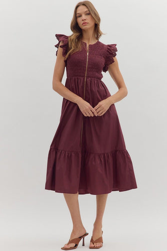 Burgundy Smocked Midi Dress