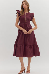 Burgundy Smocked Midi Dress