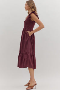 Burgundy Smocked Midi Dress