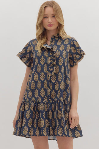 Navy Floral Flutter Sleeve Dress