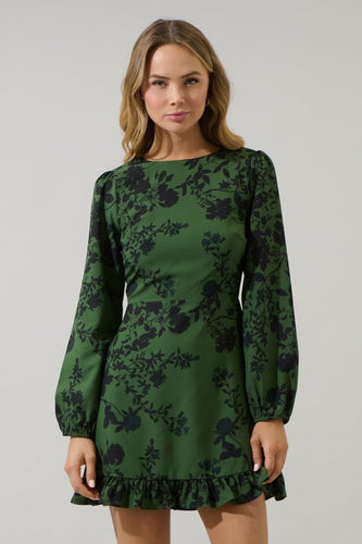 Olive Floral Ruffle Dress