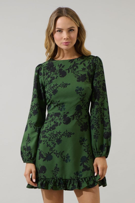 Olive Floral Ruffle Dress