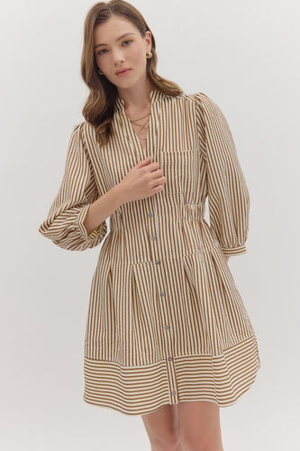 Brown Stripe Pintuck Dress