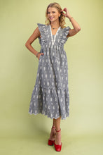 Black Gingham Floral Embroidery Midi Dress