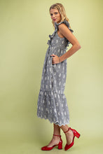 Black Gingham Floral Embroidery Midi Dress