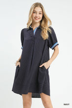 Navy Linen Striped Polo Dress