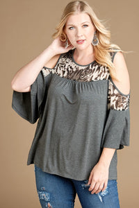 Charcoal Leopard Cold Shoulder Top