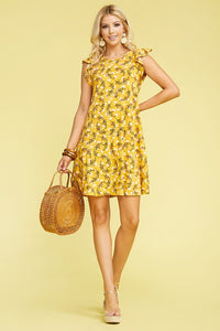 Mustard Floral Ruffle Sleeve Dress