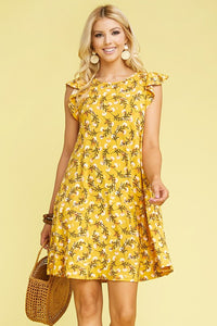 Mustard Floral Ruffle Sleeve Dress