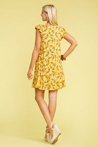 Mustard Floral Ruffle Sleeve Dress