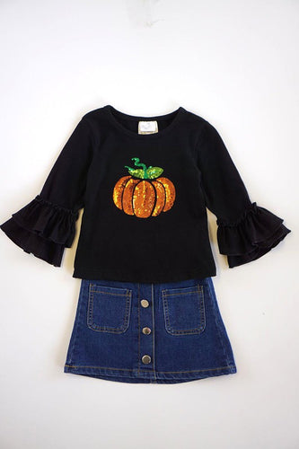 Pumpkin Top with Denim Skirt