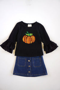 Pumpkin Top with Denim Skirt