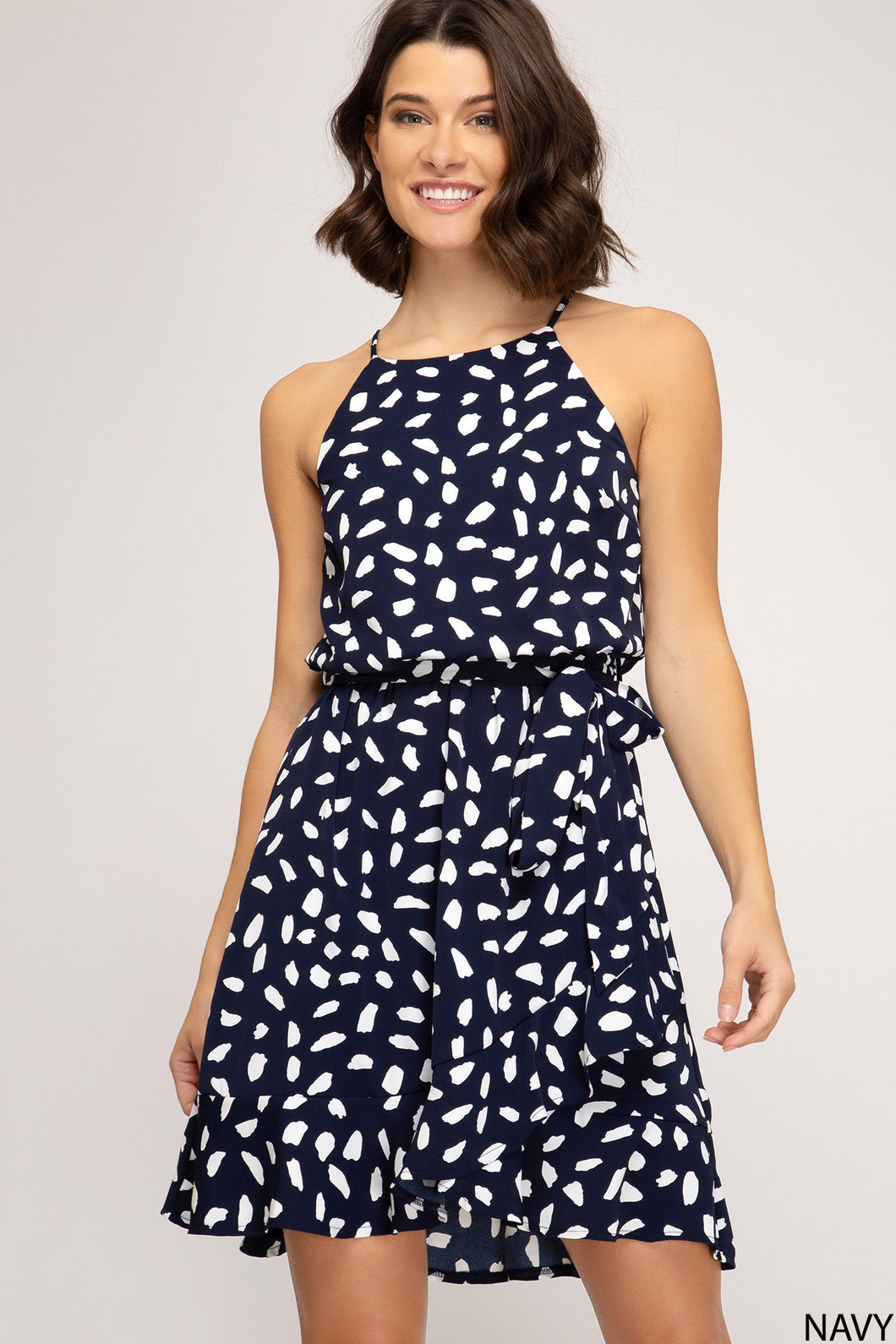 Navy Dotted Ruffle Dress