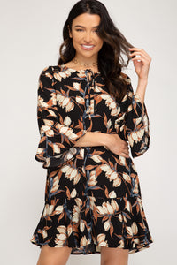 Black Flutter Sleeve Floral Dress