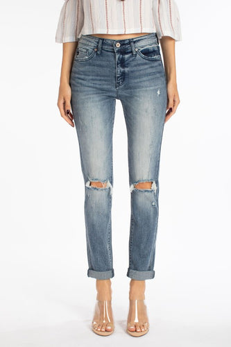 KanCan High Rise Hem Detail Mom Jeans