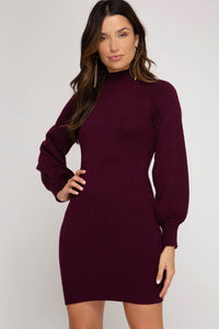 Plum Balloon Sleeve Sweater Dress