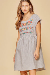 Striped Embroidered Babydoll Dress