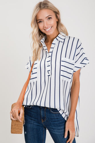 Navy Stripe Button Down Top