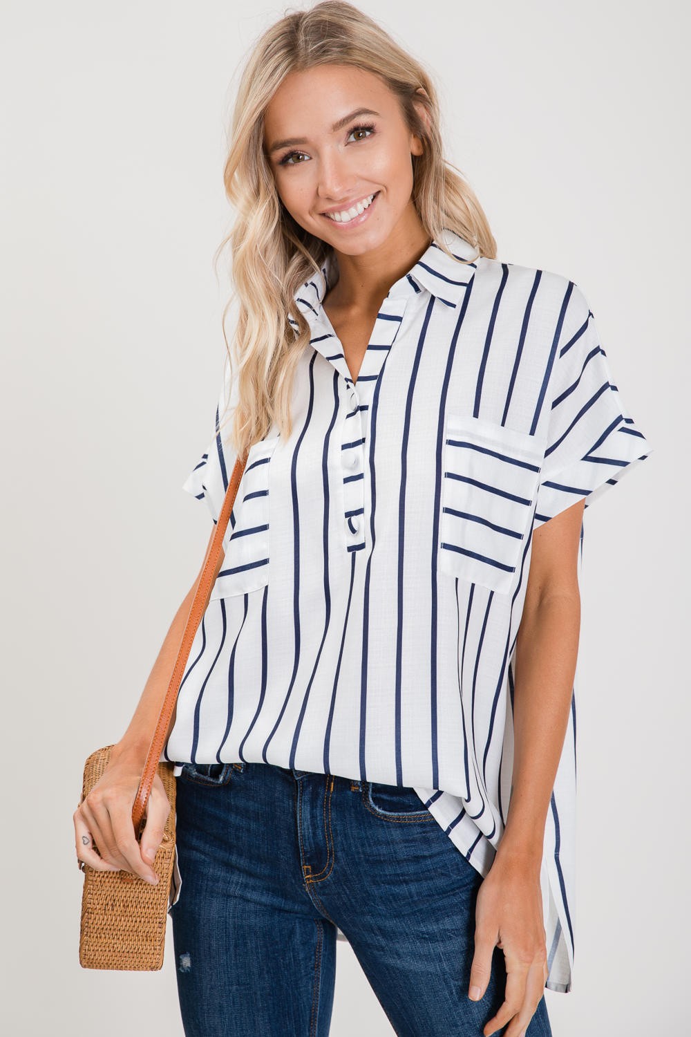 Navy Stripe Button Down Top