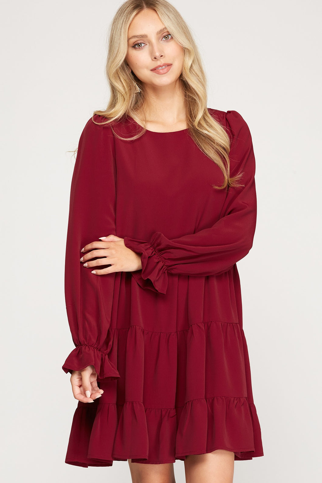 Wine Long Sleeve Tiered Dress