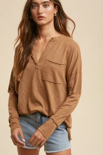 Brown V-Neck Long Sleeve Top