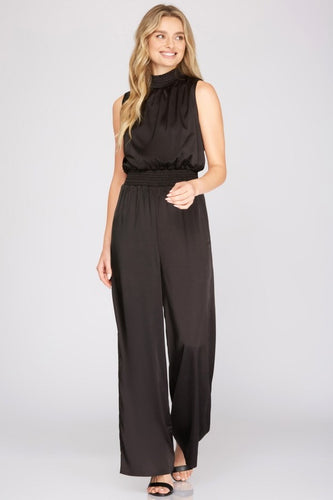 Black Mock Neck Satin Jumpsuit