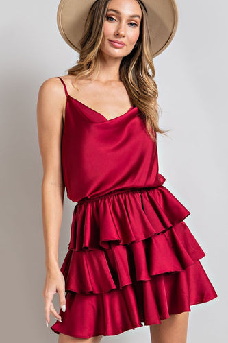 Wine Satin Tiered Dress