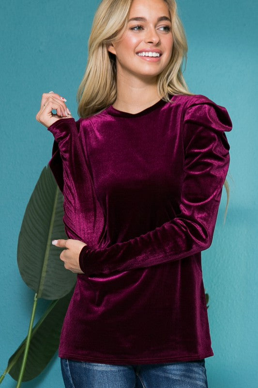 Wine Velvet Ruched Sleeve Top