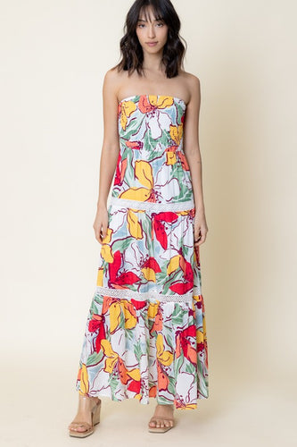 Tropical Floral Strapless Maxi Dress