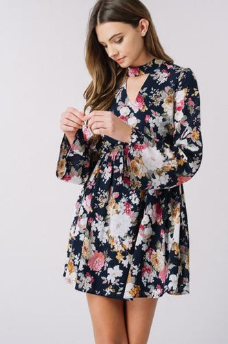 Navy Floral Mock Neck Dress