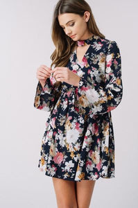 Navy Floral Mock Neck Dress
